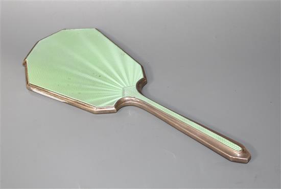 A George VI Art Deco silver and green guilloche enamel hand mirror, Albert Carter, Birmingham, 1937, 26.2cm